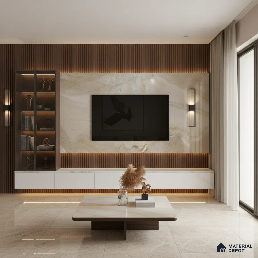 Modern living room with brown marble laminate TV unit, walnut wood fluted wall panels, and beige botticino floor tiles in Bengaluru