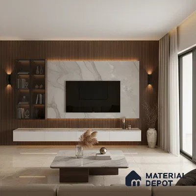 Modern living room with marble-look TV wall, wooden louvers, and beige marble floor tiles in Bengaluru