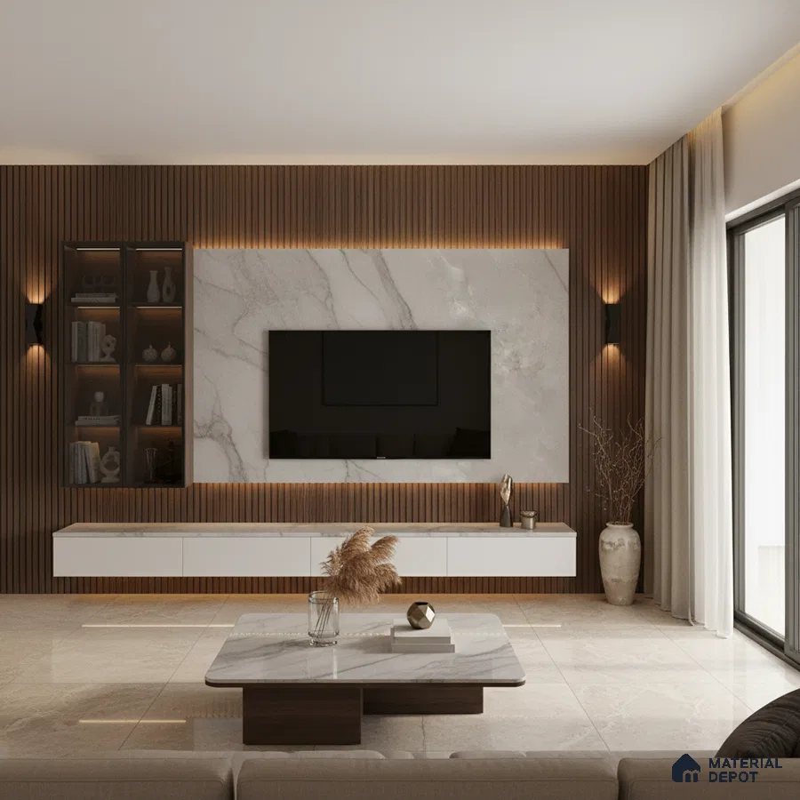 Modern living room with marble-look TV wall, wooden louvers, and beige marble floor tiles in Bengaluru