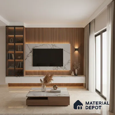 Modern living room with white marble laminate TV unit, walnut brown wooden louvers, and beige floor tiles in Bengaluru