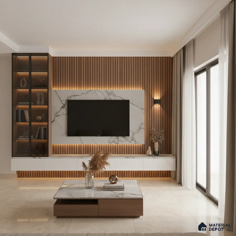 Modern living room with white marble laminate TV unit, walnut brown wooden louvers, and beige floor tiles in Bengaluru