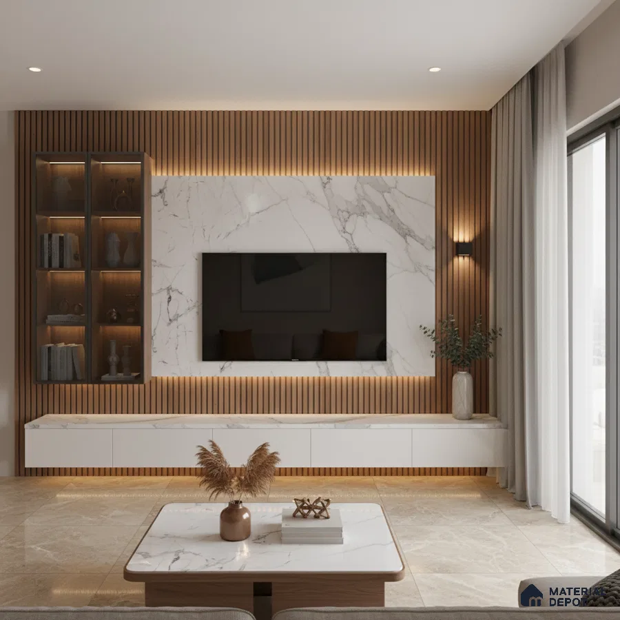Modern living room with white marble laminate TV wall, wooden louvers, and beige floor tiles in Bengaluru