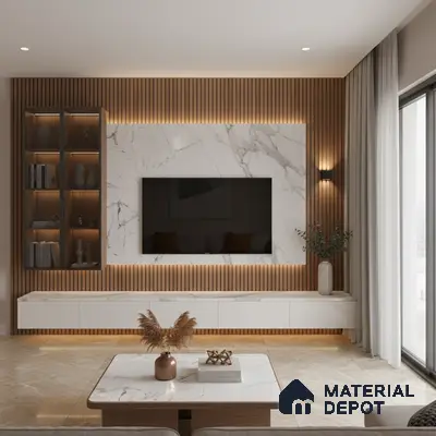 Modern living room with white marble laminate TV wall, wooden louvers, and beige floor tiles in Bengaluru