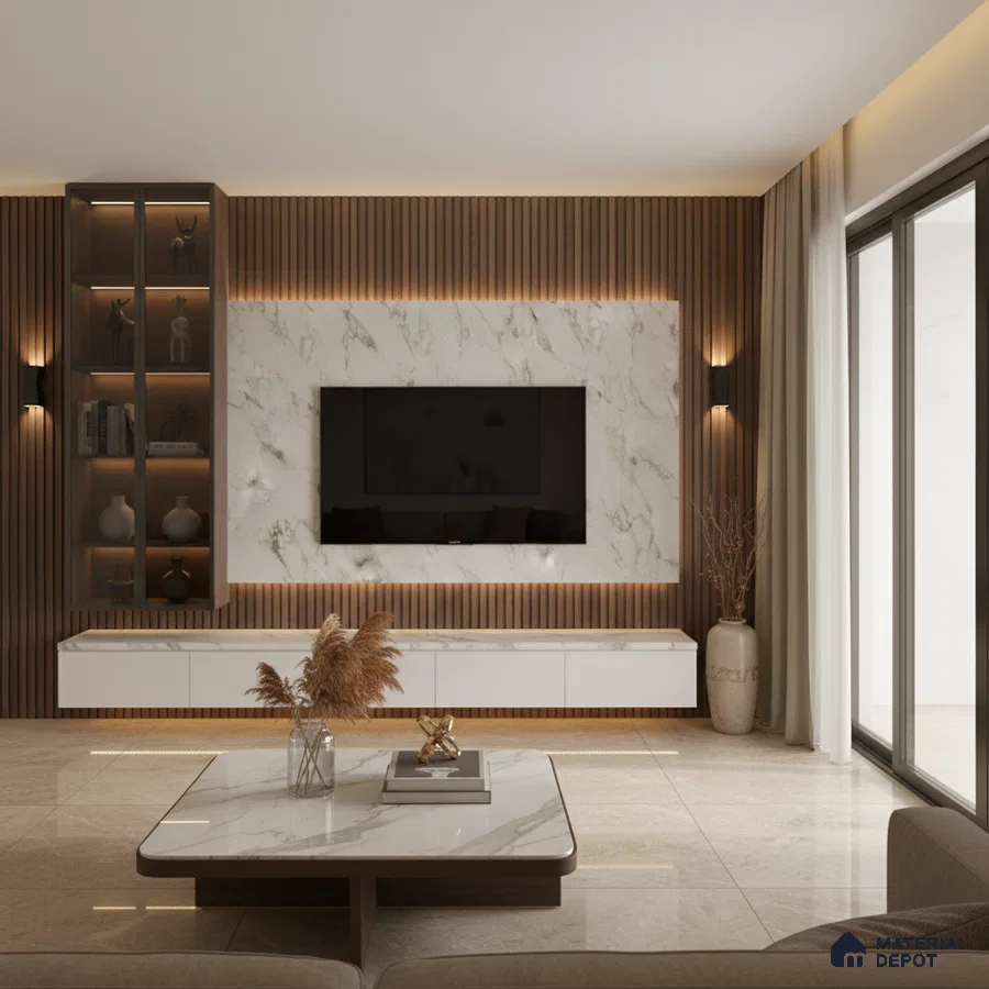Modern living room with white marble laminate TV wall, walnut wood louvers, and beige marble floor tiles in Bengaluru