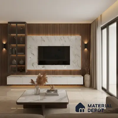 Modern living room with white marble laminate TV wall, walnut wood louvers, and beige marble floor tiles in Bengaluru