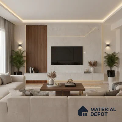 Modern living room with marble laminate TV unit, walnut wood louvers, and beige marble floor tiles in Bengaluru