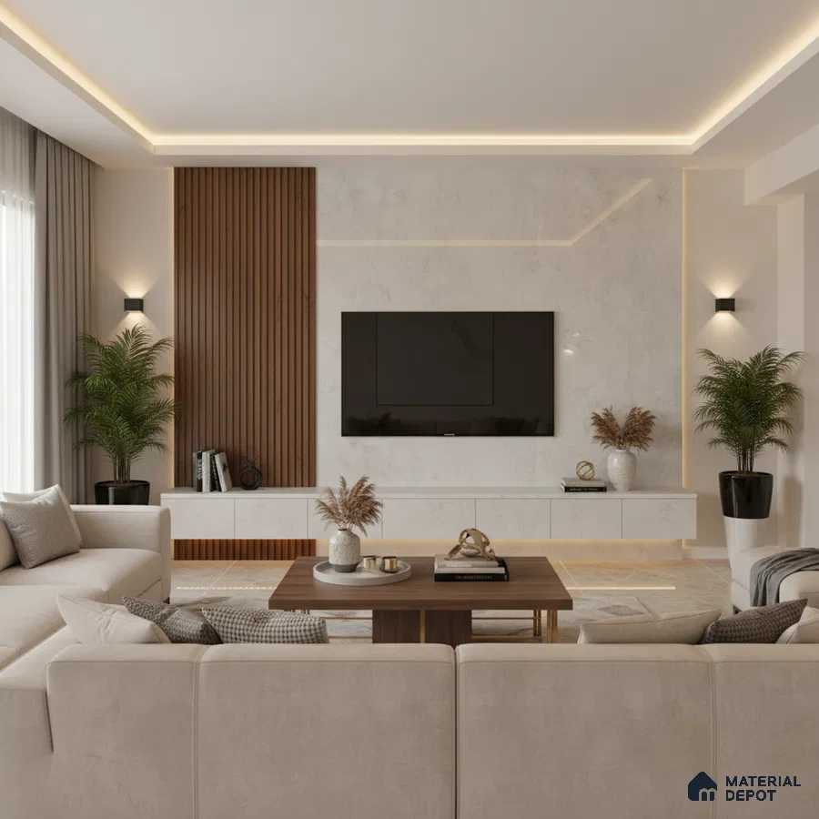 Modern living room with marble laminate TV unit, walnut wood louvers, and beige marble floor tiles in Bengaluru