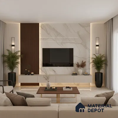 Modern living room with white marble laminate TV unit, walnut wood louvers, and beige floor tiles in Bengaluru