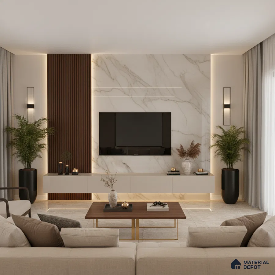 Modern living room with white marble laminate TV unit, walnut wood louvers, and beige floor tiles in Bengaluru