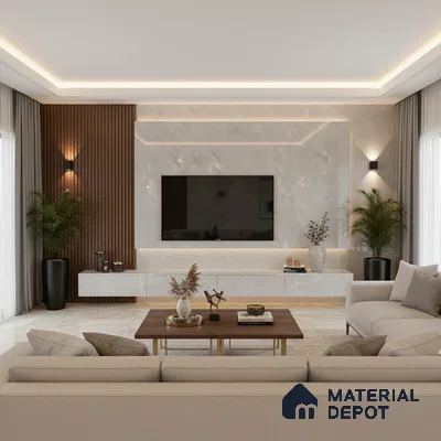 Modern living room with marble-look laminate TV wall, walnut wood louvers, and beige floor tiles in Bengaluru