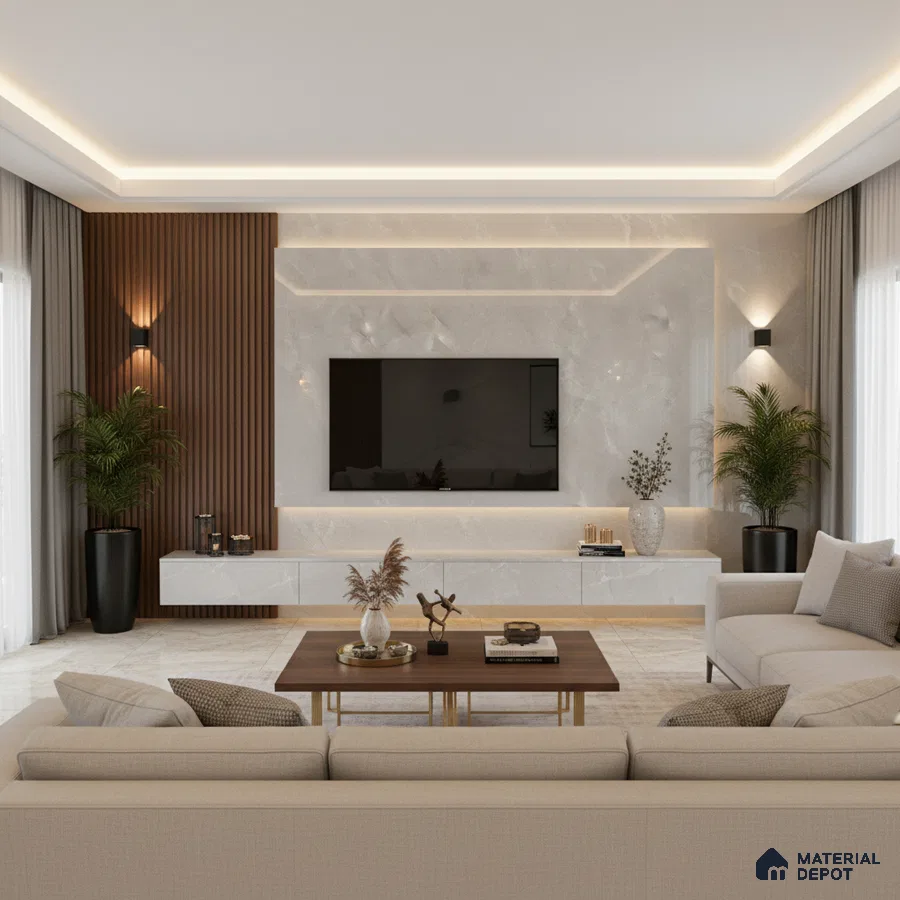Modern living room with marble-look laminate TV wall, walnut wood louvers, and beige floor tiles in Bengaluru