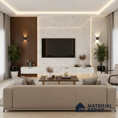 Modern living room with white marble laminate TV unit, walnut wood fluted wall panels, and beige marble floor tiles in Bengaluru