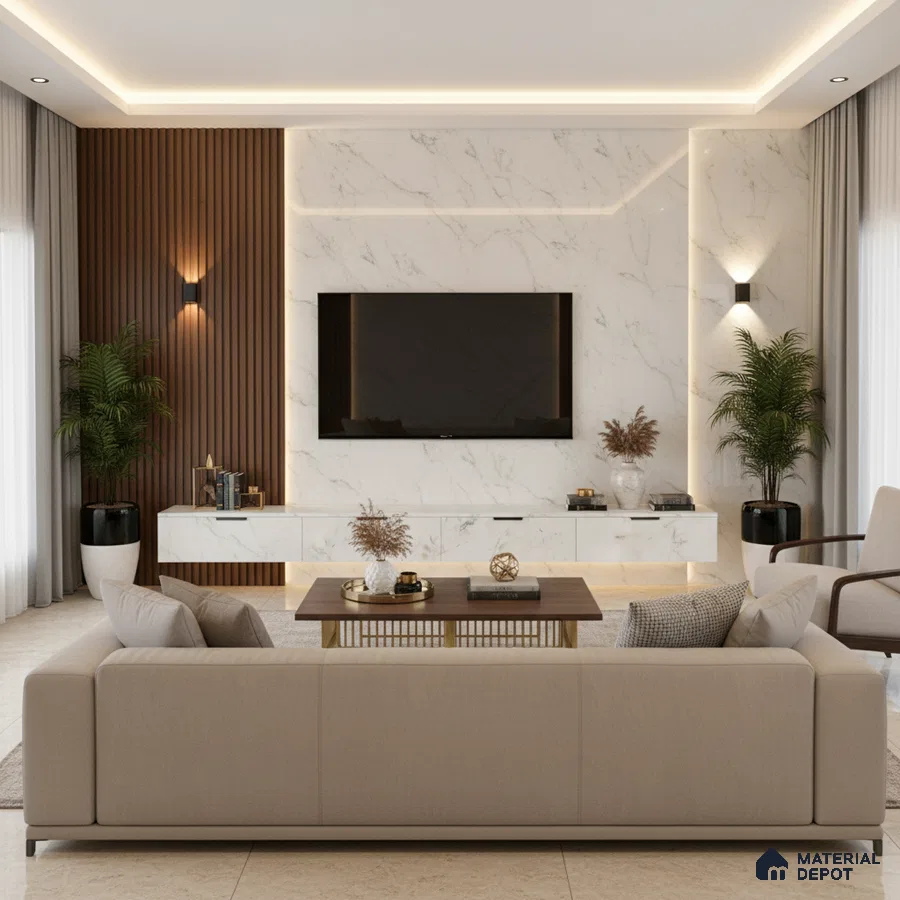 Modern living room with white marble laminate TV unit, walnut wood fluted wall panels, and beige marble floor tiles in Bengaluru