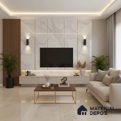 Modern living room with marble-look laminate TV unit, walnut wood louvers, and beige marble floor tiles in Bengaluru