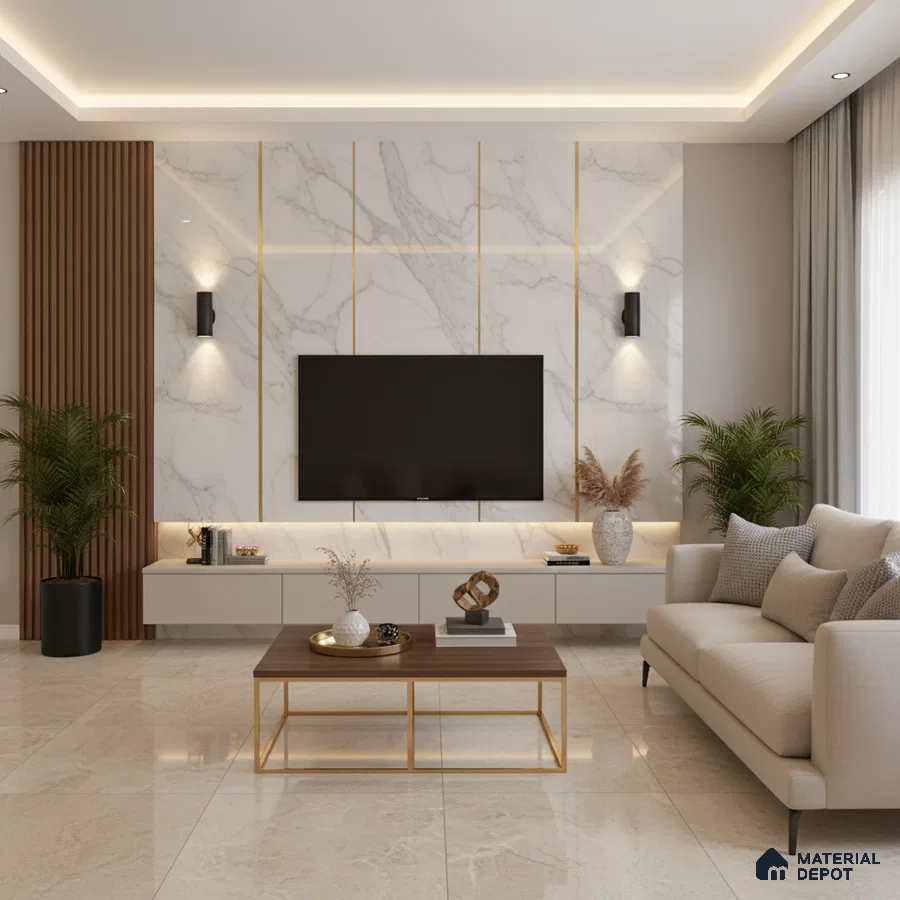 Modern living room with marble-look laminate TV unit, walnut wood louvers, and beige marble floor tiles in Bengaluru