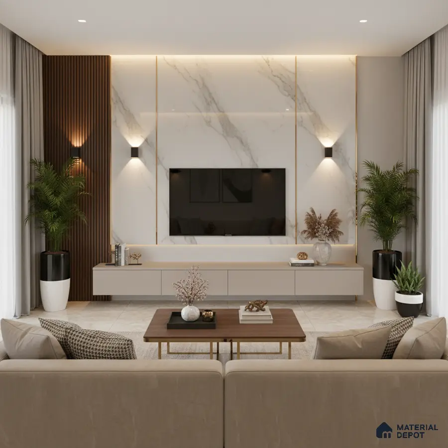 Modern living room with grey marble laminate TV unit, walnut wood louvers, and beige marble floor tiles in Bengaluru