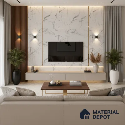 Modern living room with beige marble accent wall, wooden louvers, and marble floor tiles in Bengaluru