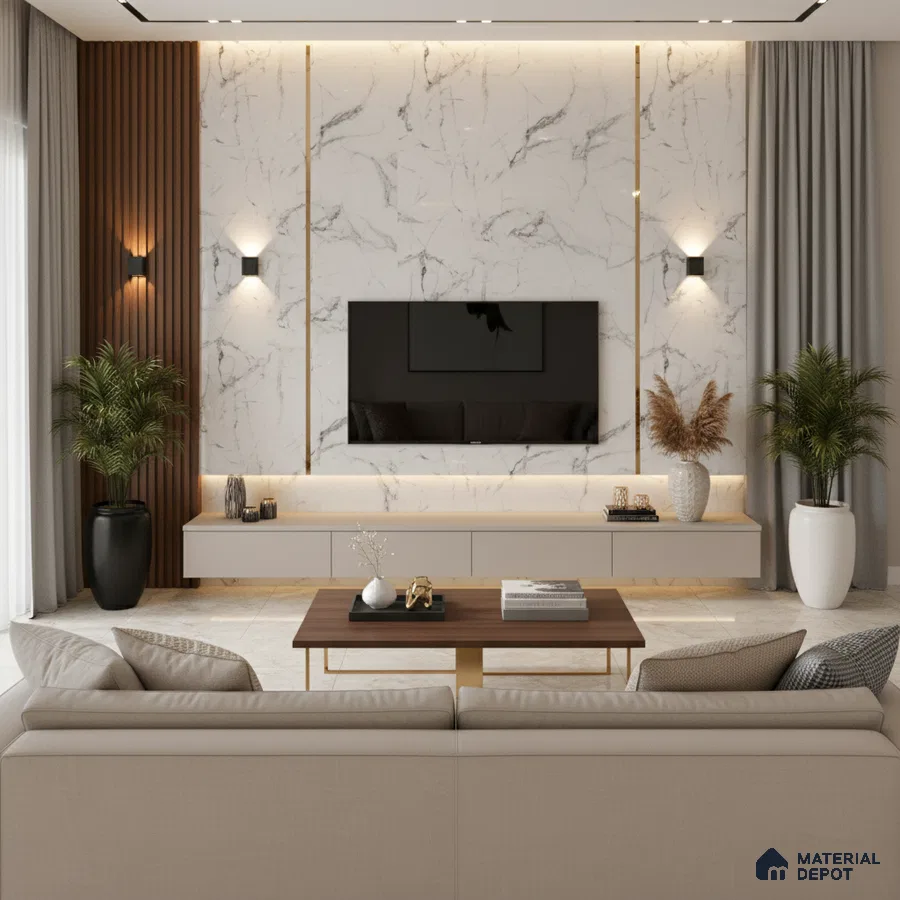 Modern living room with beige marble accent wall, wooden louvers, and marble floor tiles in Bengaluru