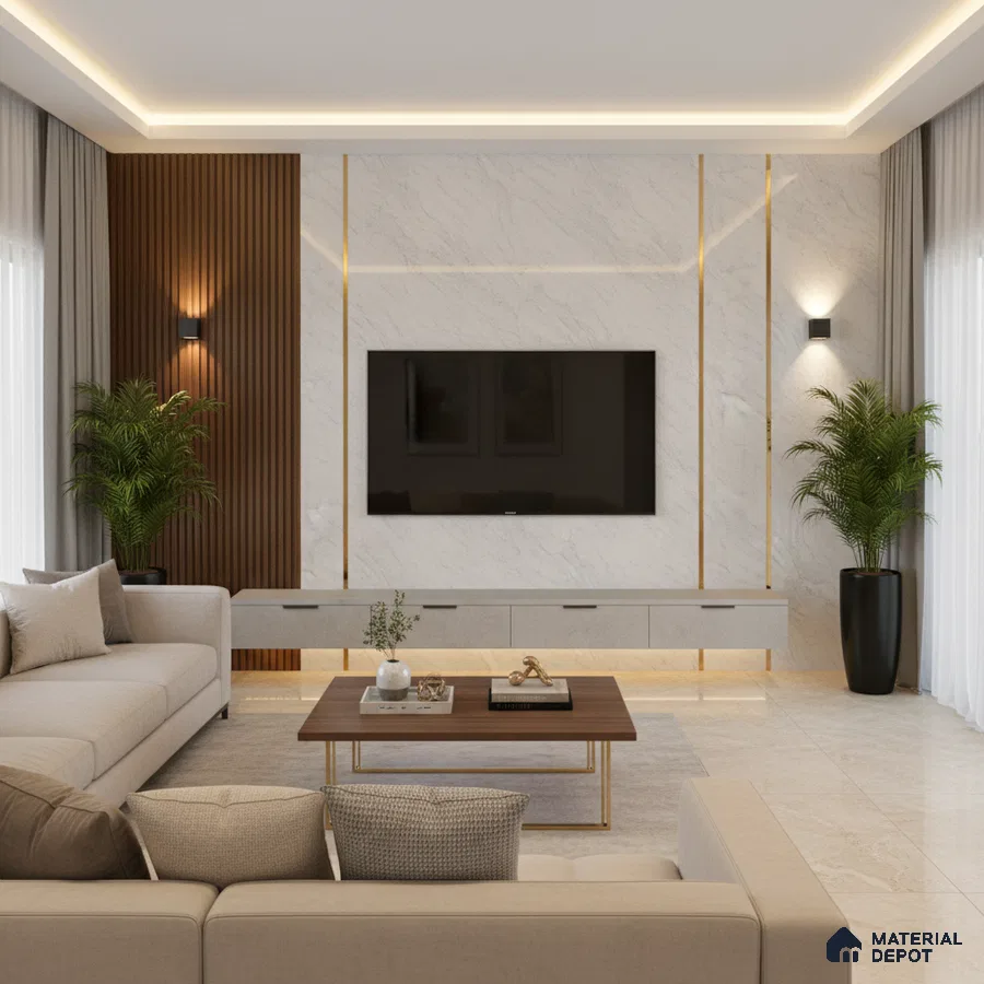 Modern living room with white marble laminate TV wall, wooden louvers, and beige marble floor tiles in Bengaluru