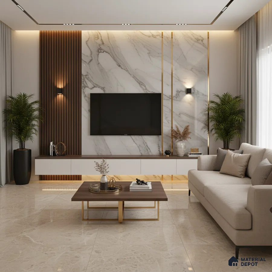 Modern living room with white marble laminate TV wall, walnut wood louvers, and beige marble floor tiles in Bengaluru