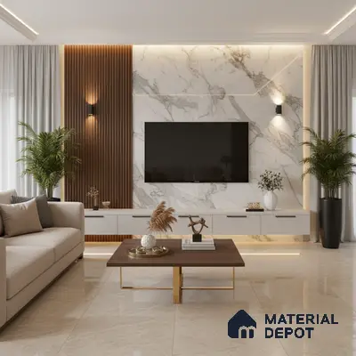 Modern living room with brown marble TV wall, wooden louvers, and beige marble floor tiles in Bengaluru