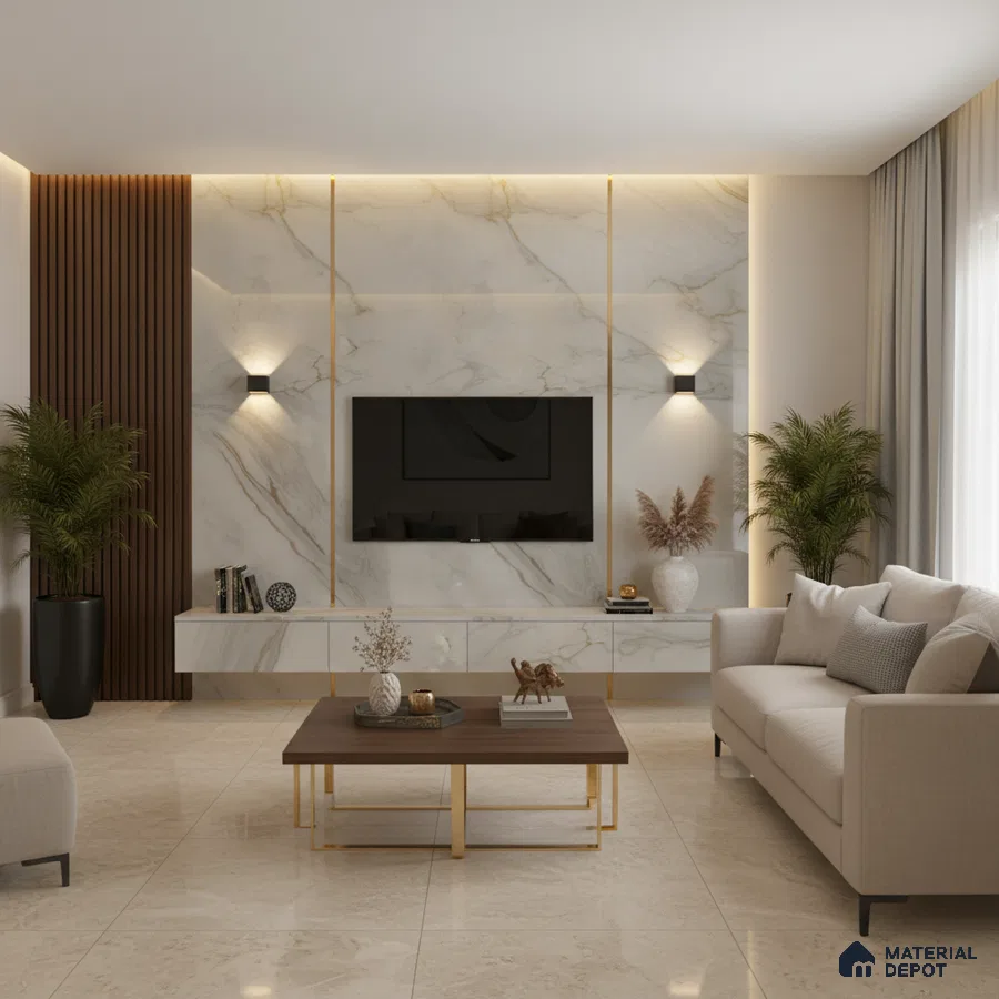 Modern living room with marble laminate TV unit, wooden fluted panels, and beige marble floor tiles in Bengaluru