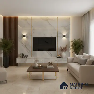 Modern living room with marble laminate TV unit, wooden fluted panels, and beige marble floor tiles in Bengaluru