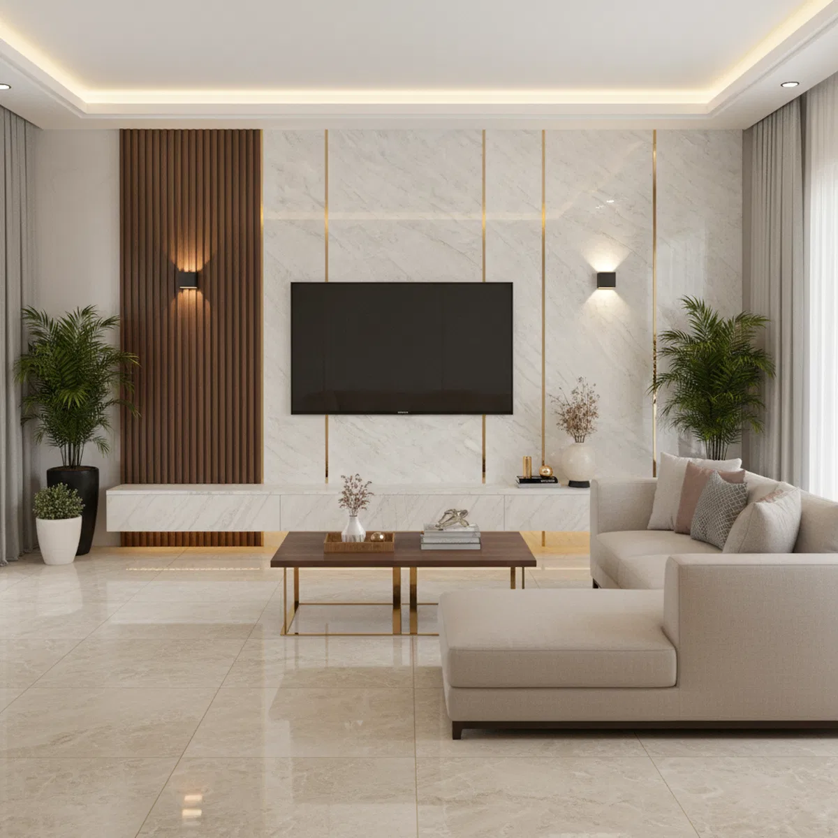 Modern living room with white marble laminate TV wall, walnut wood ...