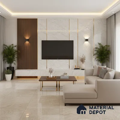 Modern living room with marble laminate TV wall, wooden louvers, and beige floor tiles in Bengaluru