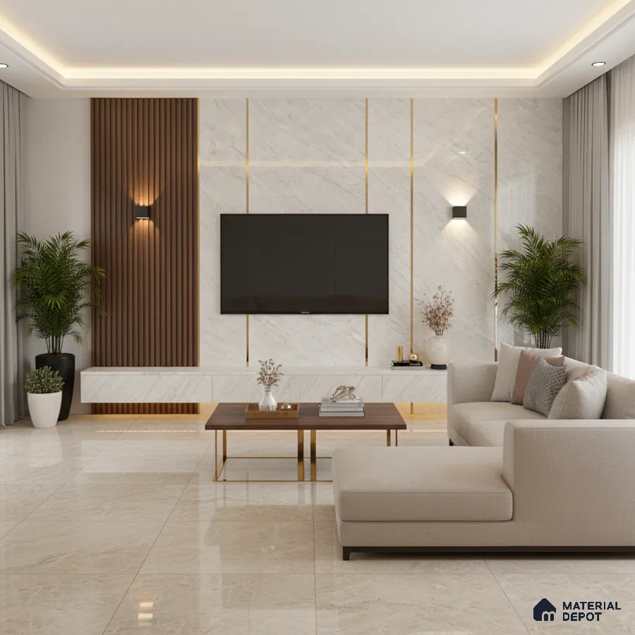 Modern living room with marble laminate TV wall, wooden louvers, and beige floor tiles in Bengaluru