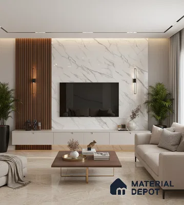 Modern living room with white marble laminate TV wall, wooden louvers, and beige marble floor tiles in Bengaluru