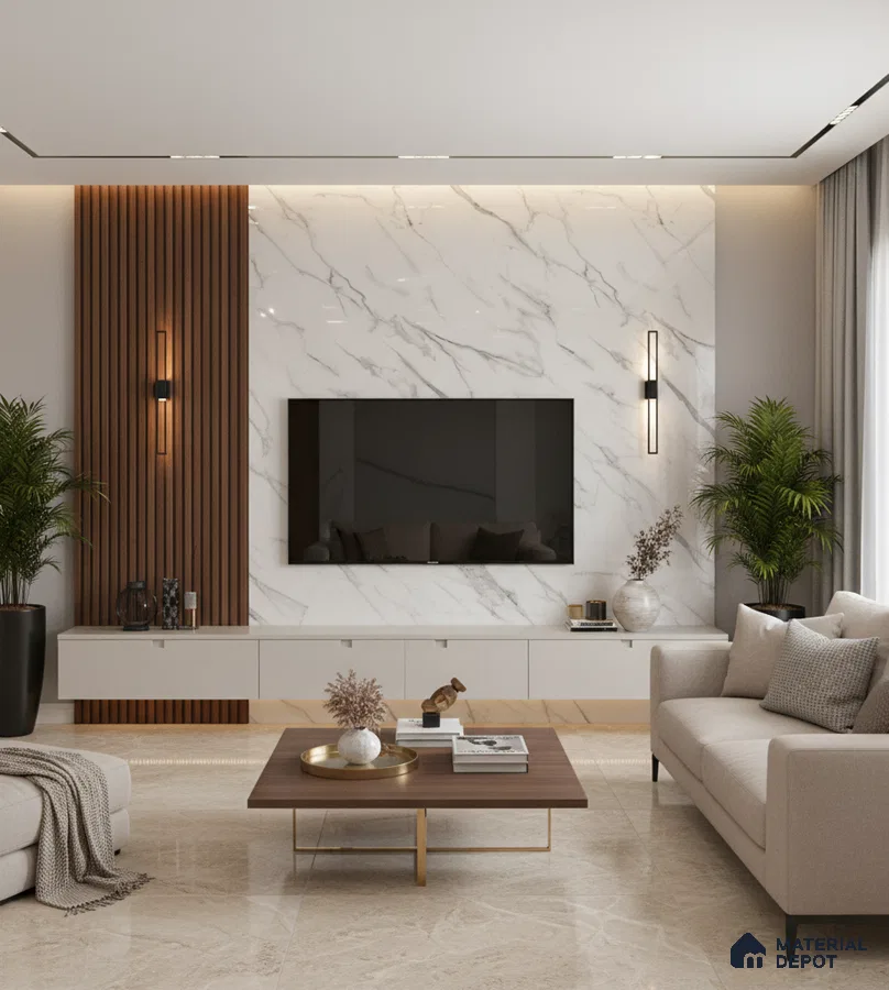 Modern living room with white marble laminate TV wall, wooden louvers, and beige marble floor tiles in Bengaluru