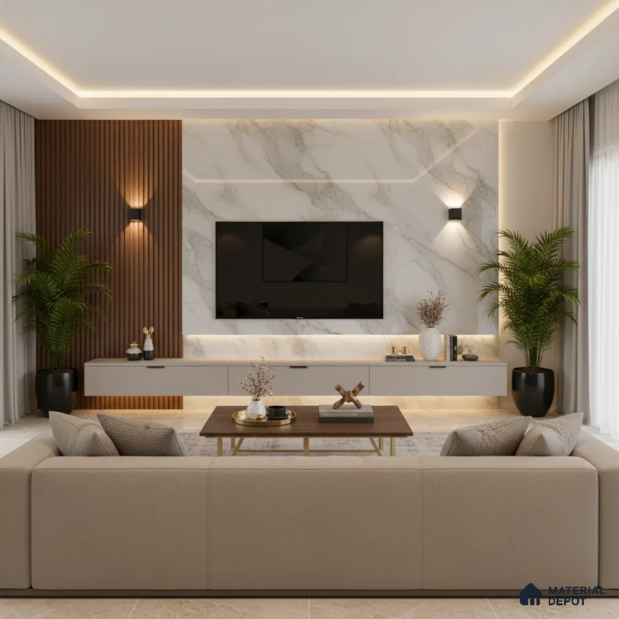 Modern living room with wooden fluted wall panels, marble-look TV unit, and beige marble floor tiles in Bengaluru