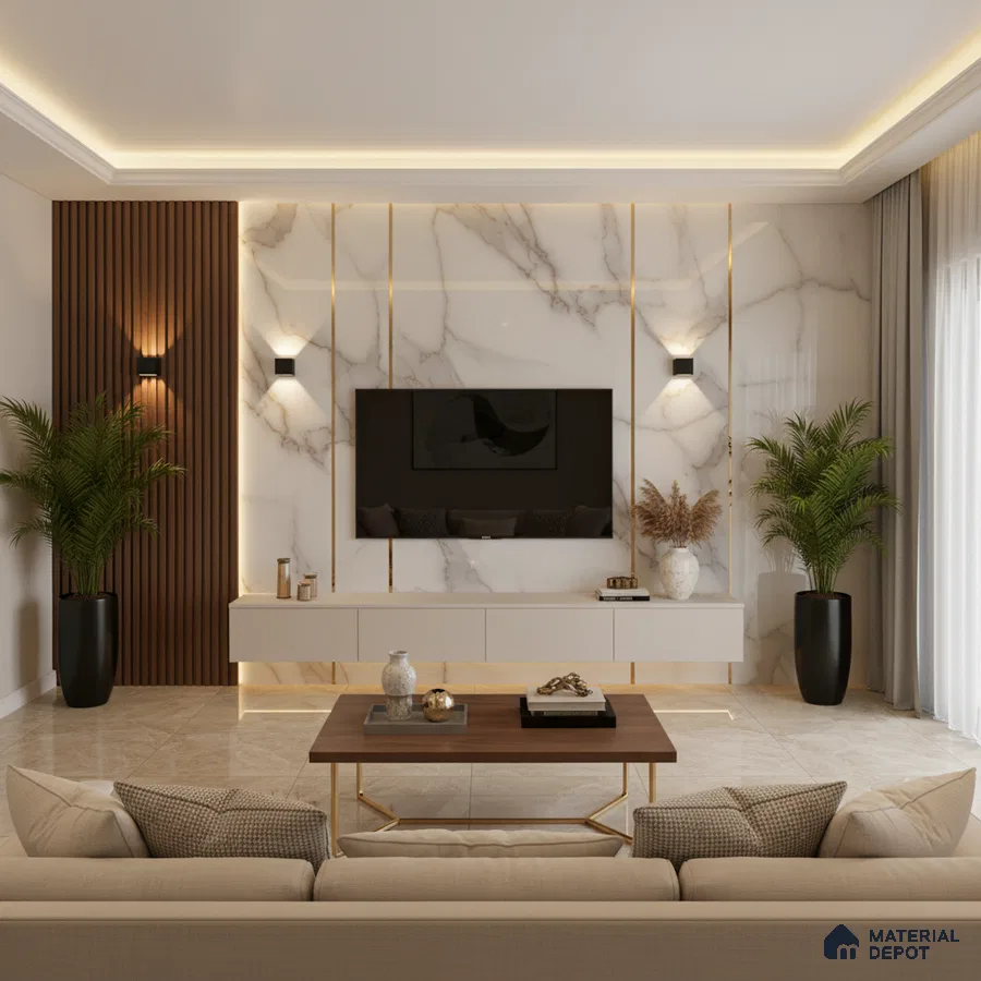 Modern living room with marble-look TV wall, taupe floating cabinet, and wooden louver panel in Bengaluru