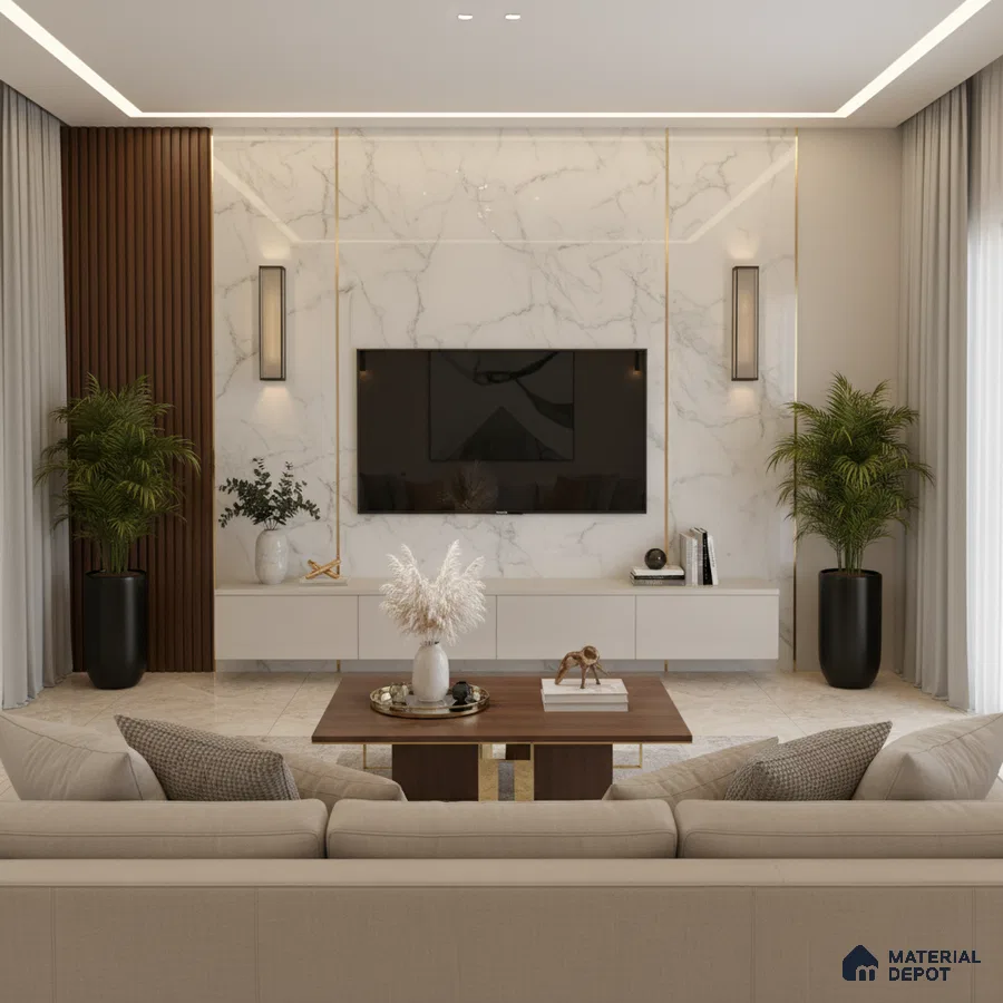 Modern living room with marble laminate TV wall, wooden fluted panels, and beige marble floor tiles in Bengaluru