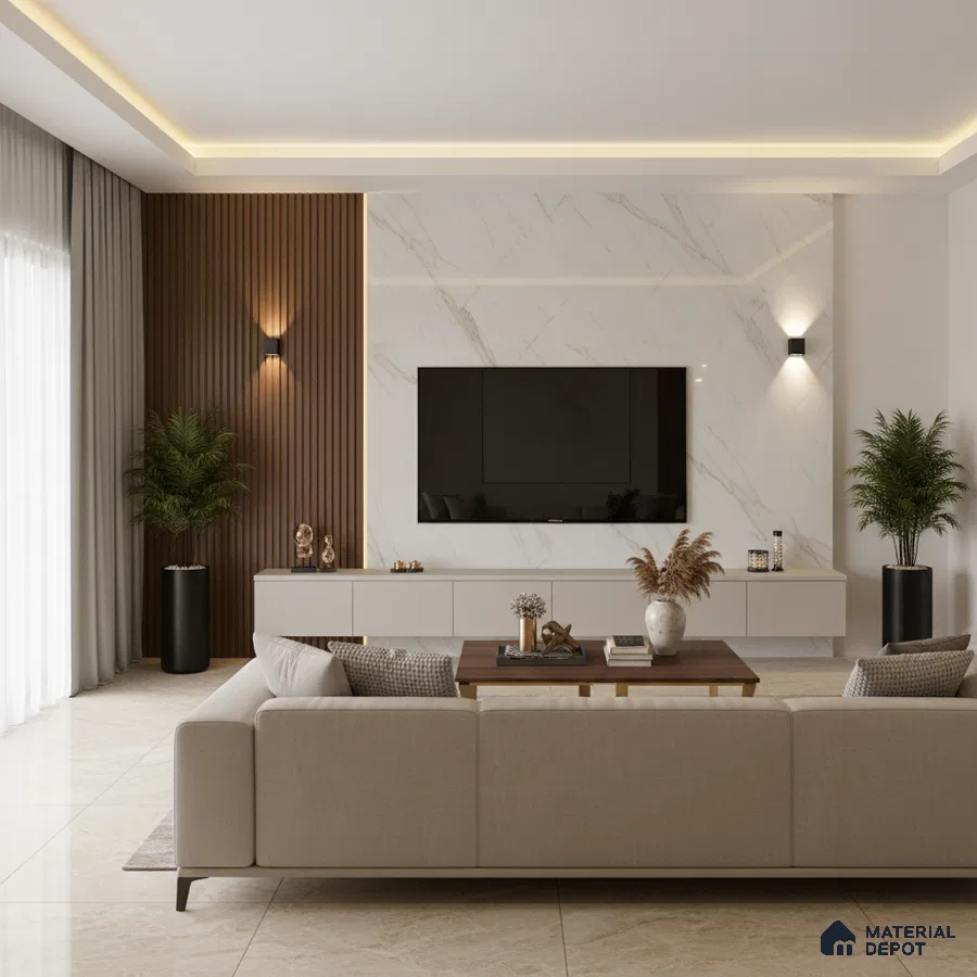 Modern living room with marble-look laminate TV wall, walnut wood louvers, and beige marble floor tiles in Bengaluru