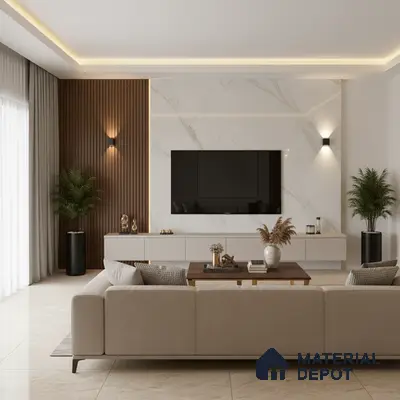 Modern living room with marble-look laminate TV wall, walnut wood louvers, and beige marble floor tiles in Bengaluru