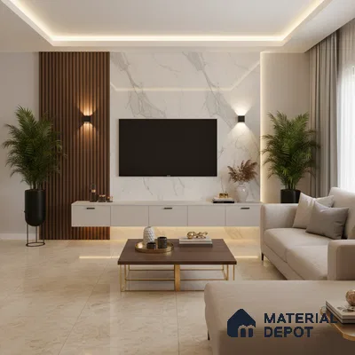 Modern living room with white marble laminate TV unit, walnut wood fluted wall panels, and beige marble floor tiles in Bengaluru