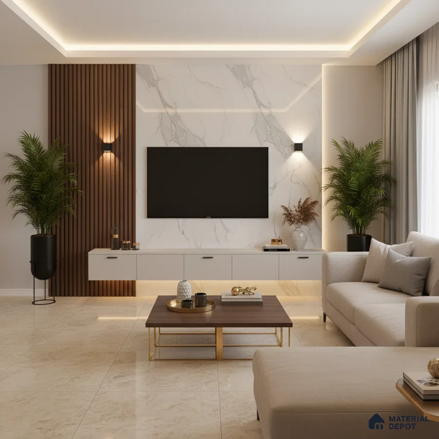 Modern living room with white marble laminate TV unit, walnut wood fluted wall panels, and beige marble floor tiles in Bengaluru
