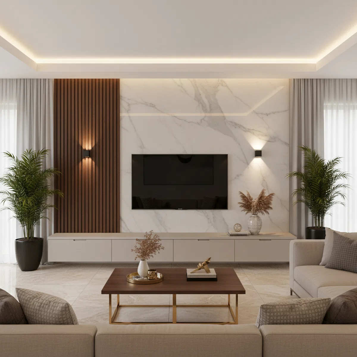 Modern living room with white marble laminate TV wall, wooden louvers ...