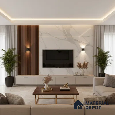 Modern living room with white marble laminate TV unit, walnut brown fluted wall panels, and marble floor tiles in Bengaluru