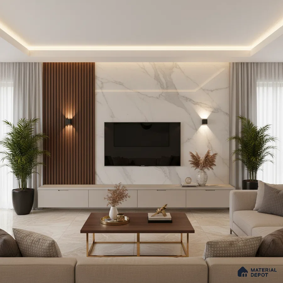 Modern living room with white marble laminate TV unit, walnut brown fluted wall panels, and marble floor tiles in Bengaluru