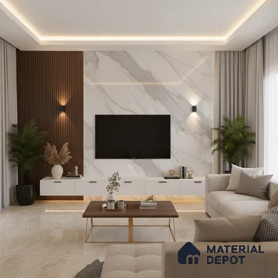 Modern living room with bookmatch marble laminate TV wall and walnut wood fluted panels in Bengaluru