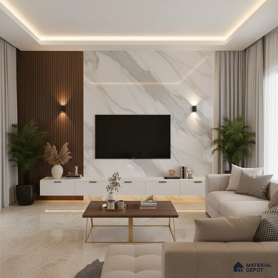 Modern living room with bookmatch marble laminate TV wall and walnut wood fluted panels in Bengaluru