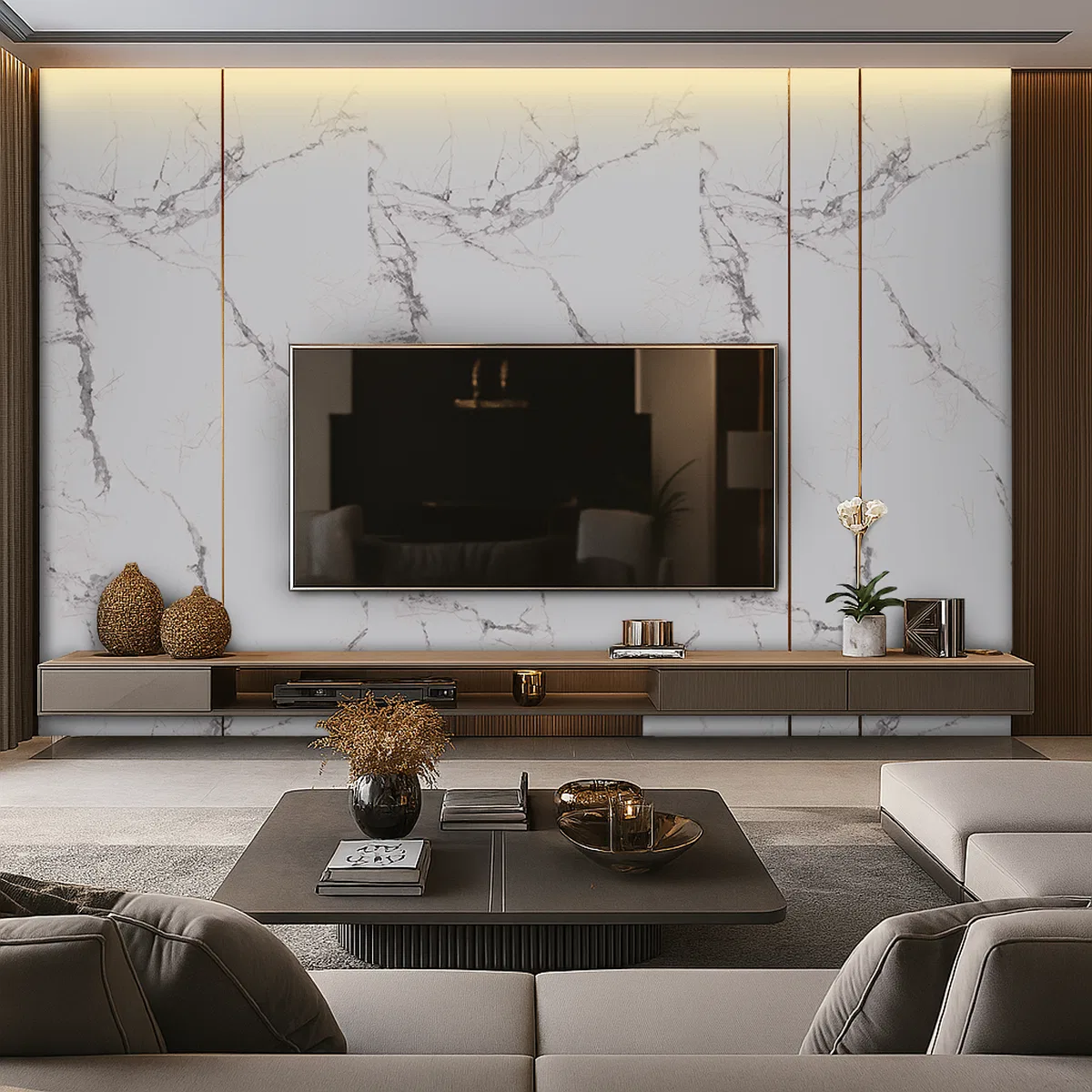 Modern living room with white marble laminate TV wall and walnut brown ...