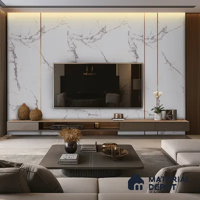 Modern Living Room with Grey Marble-Look Laminate TV Wall and Open Shelving | Material Depot
