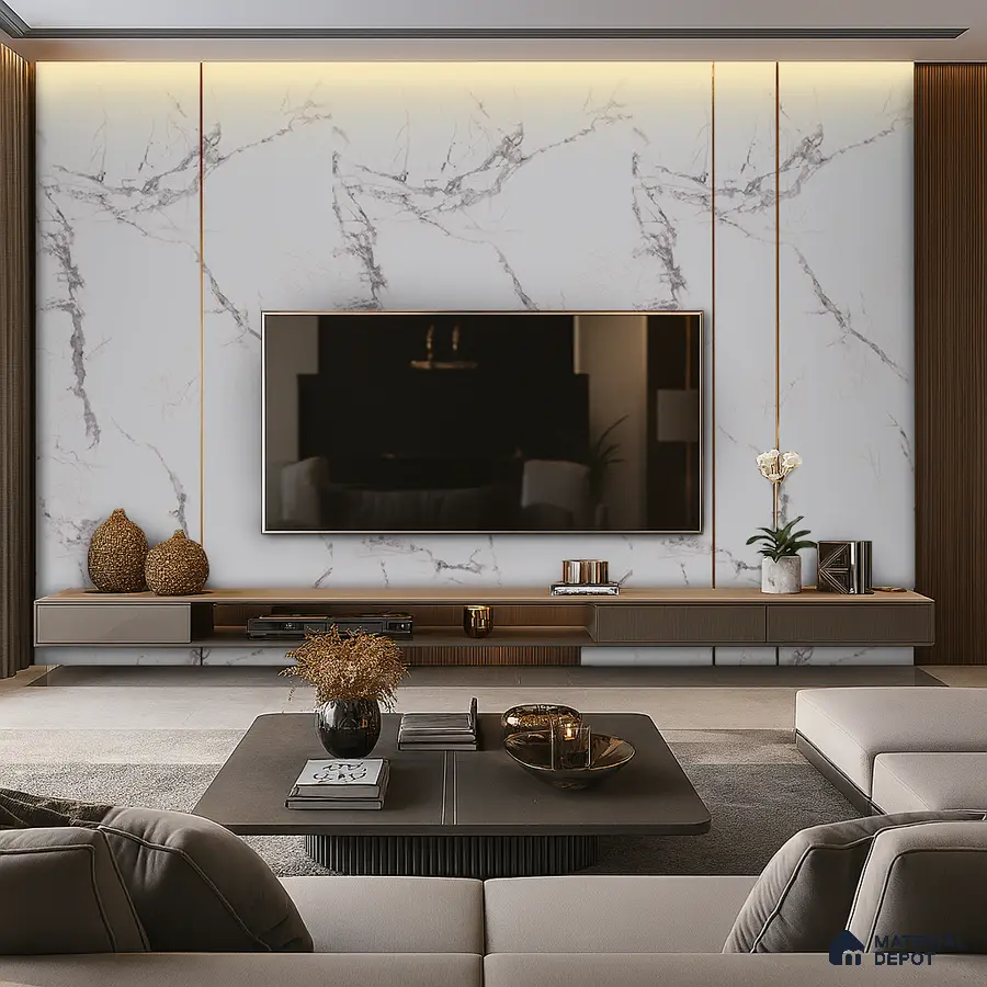 Modern Living Room with Grey Marble-Look Laminate TV Wall and Open Shelving | Material Depot