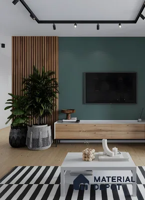 Modern Living Room With Wood Slat Wall, Teal Accent Wall, And Contemporary White Coffee Table | Material Depot