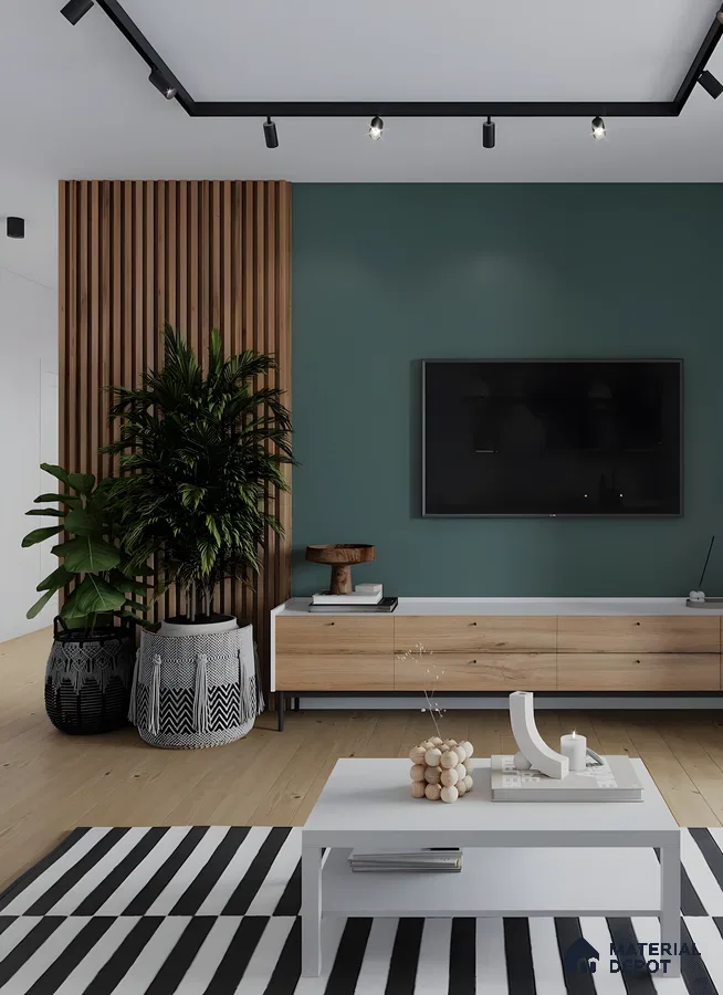 Modern Living Room With Wood Slat Wall, Teal Accent Wall, And Contemporary White Coffee Table | Material Depot