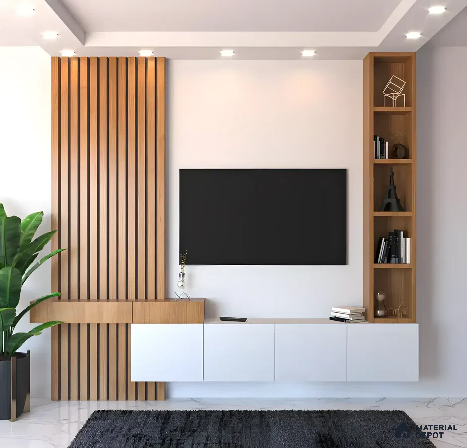 Modern Living Room with Wood Slatted Panel and Sleek TV Unit | Material Depot